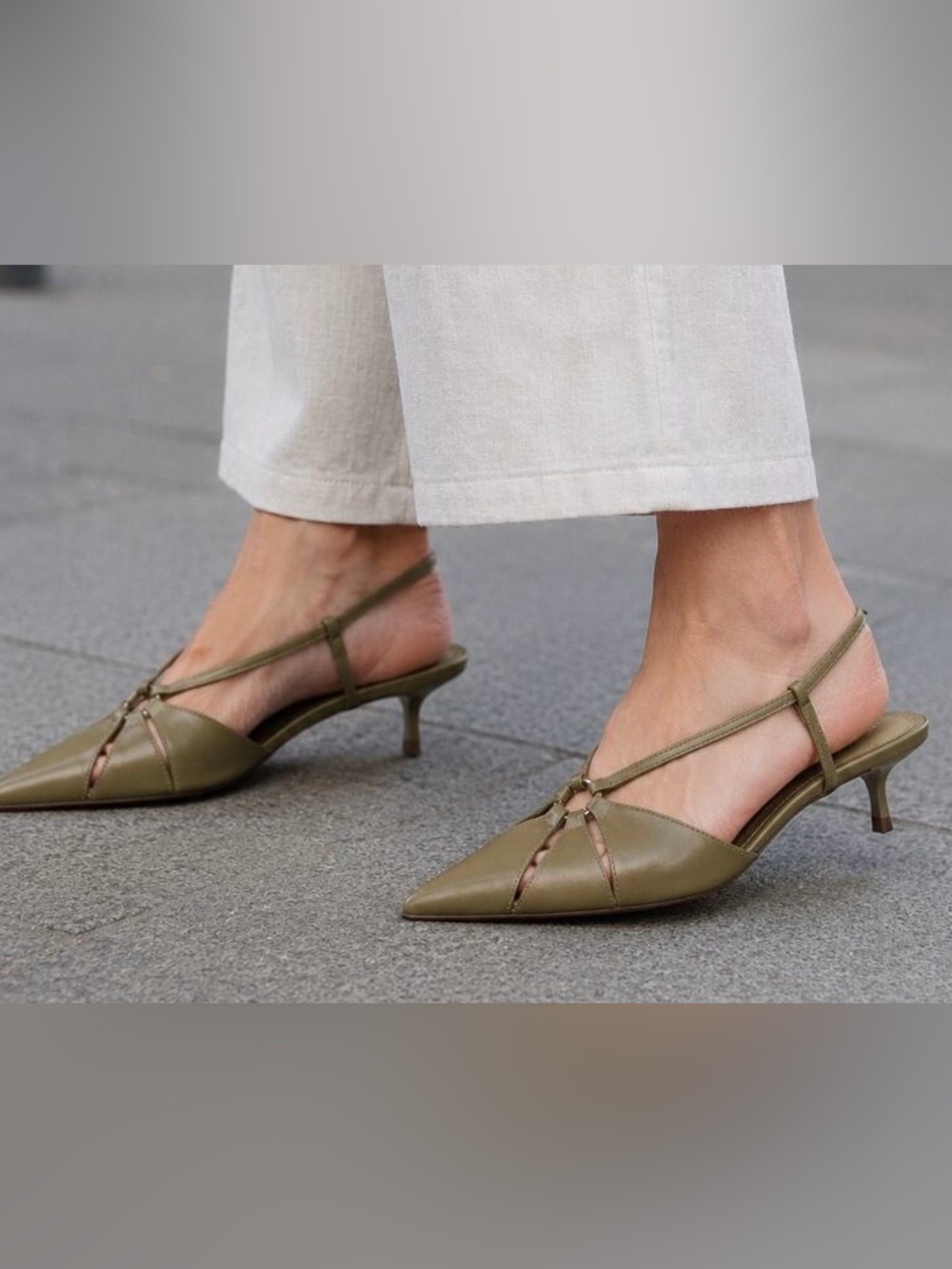 Zara Olive Green Strappy Pointed Slingback Heels - Picture 2 of 6
